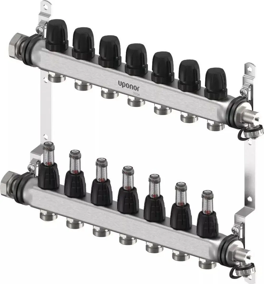 Verteiler von Uponor mit mehreren Ausgängen, montiert auf einer Halterung. Die Anschlüsse sind für G3/4 vorbereitet, mit schwarzen Verschlusskappen.